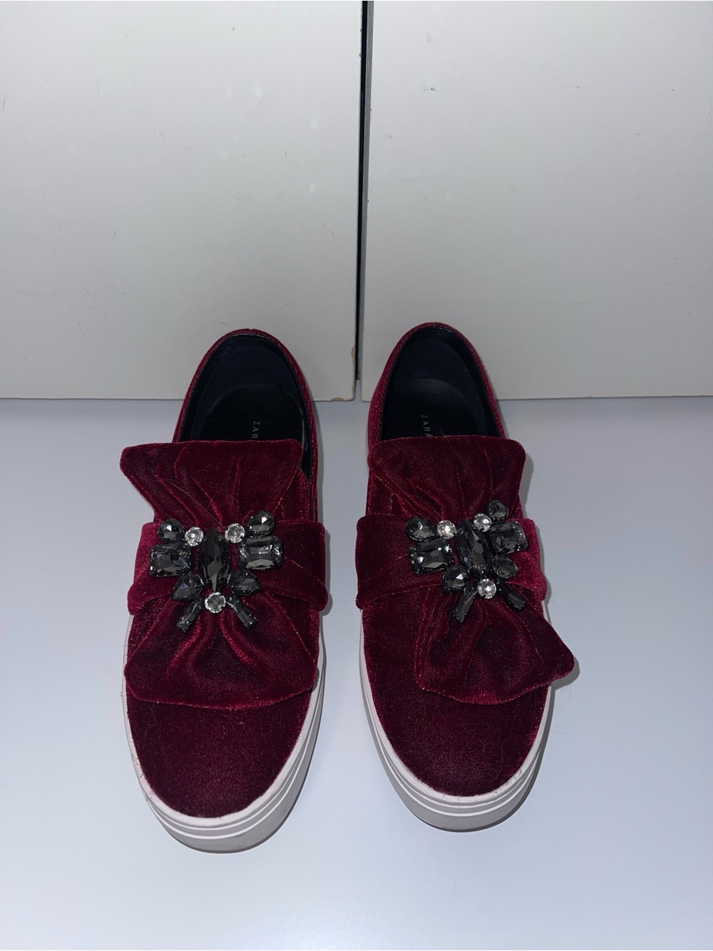 Zara Burgundy Velvet Slip-On Mules with Jewel Bow